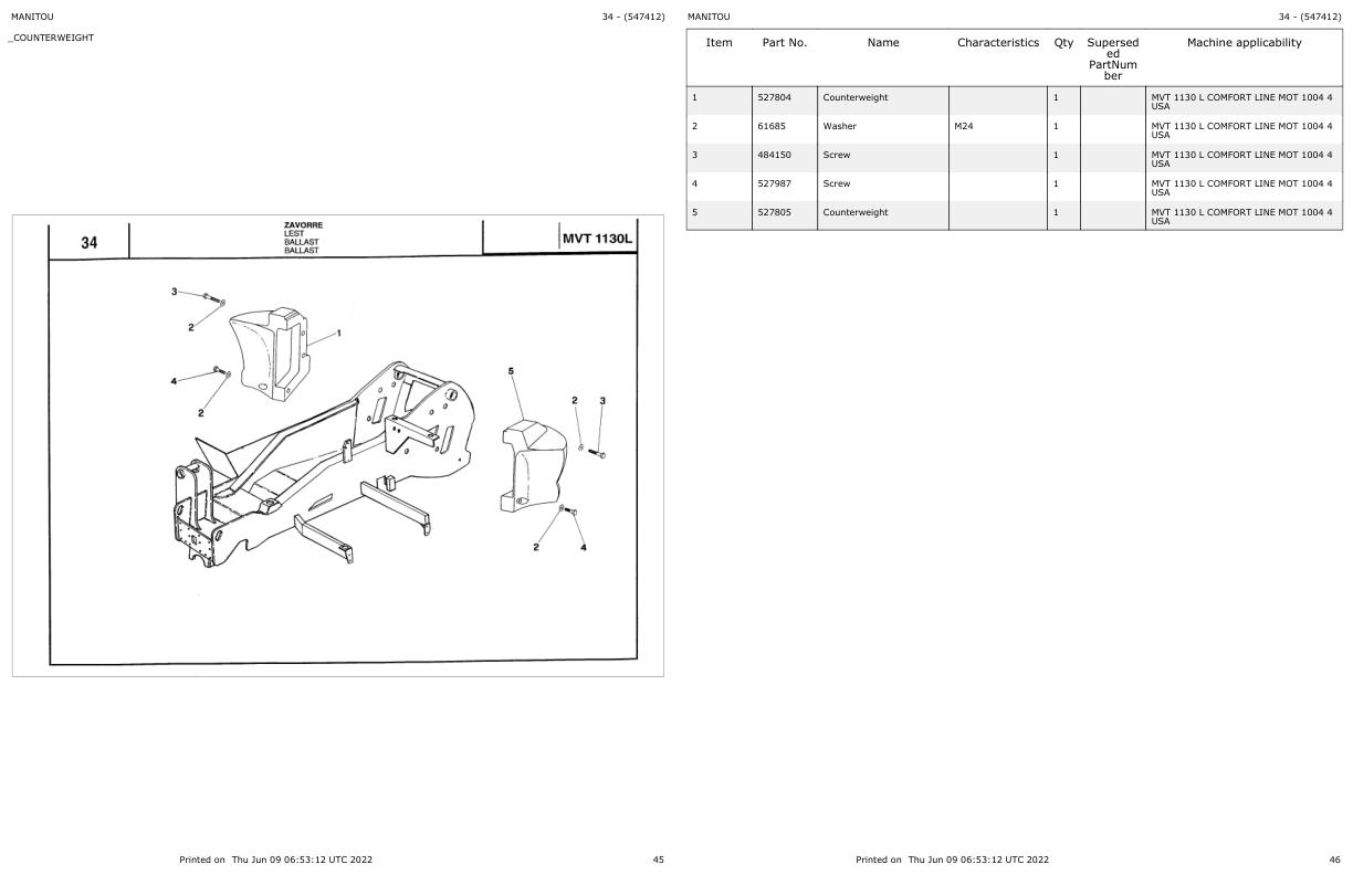 Manitou MVT 1130 L COMFORT LINE MOT 1004 4 USA Parts Catalog 547412