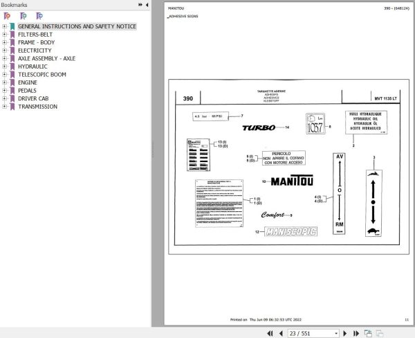Manitou MVT 1135 L TURBO COMFORT LINE MOT 1004 40T Parts Catalog 648124