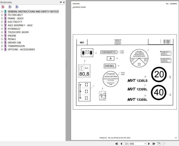 Manitou MVT 1230 SL TURBO COMFORT LINE MOT 1004 40T Parts Catalog 648059