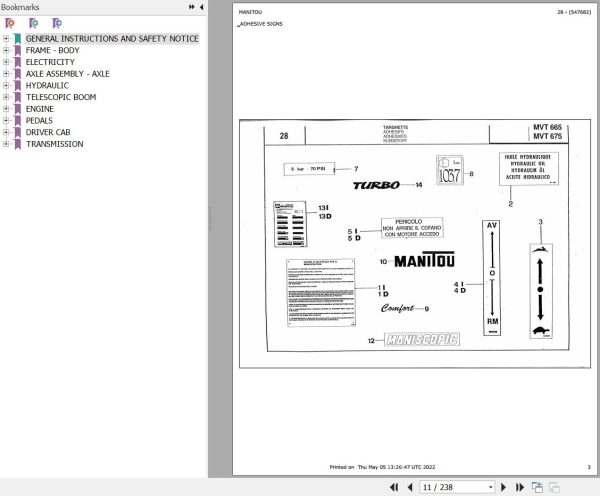 Manitou MVT 665 TURBO COMFORT LINE MOT 1004 40T SITE LIFT Parts Catalog 547682