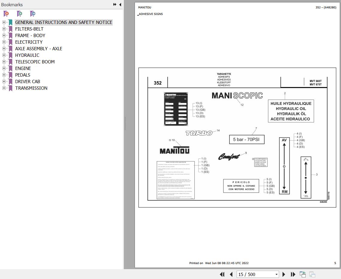 Manitou MVT 665 TURBO COMFORT LINE MOT 1104C 44TA E2 Parts Catalog 648280