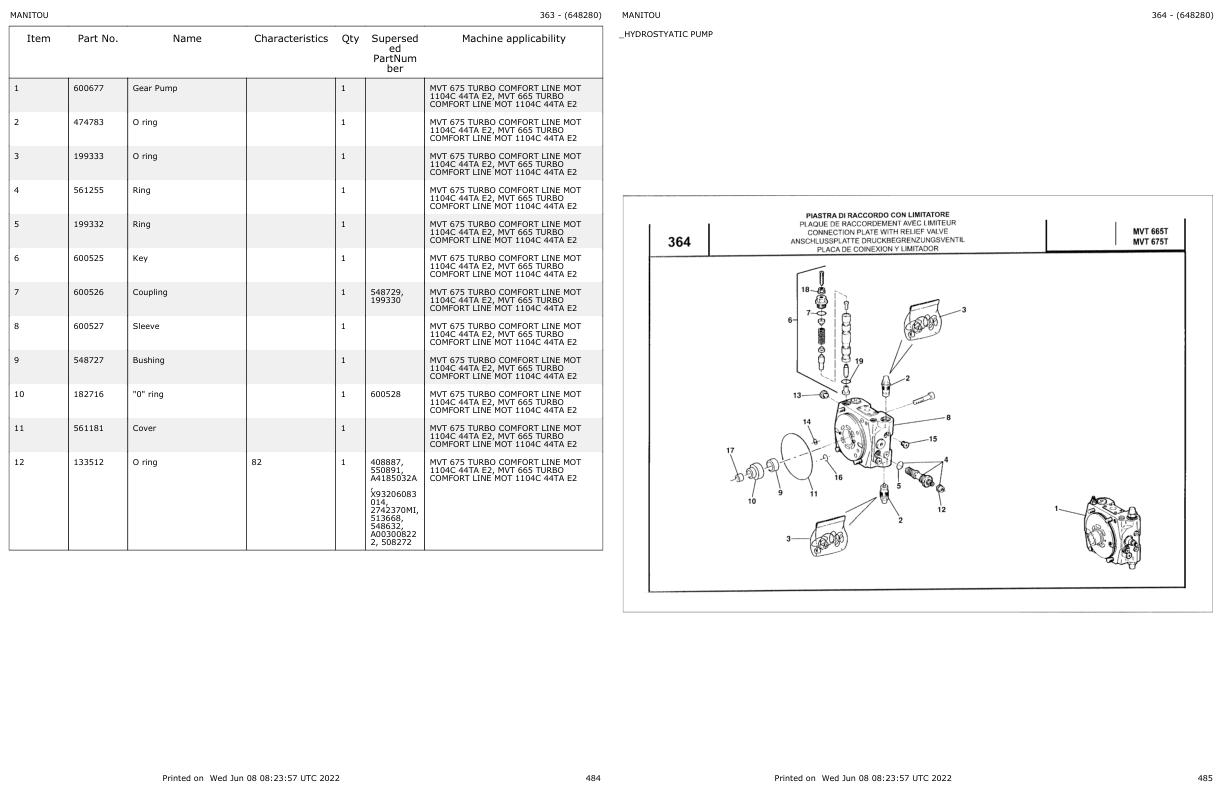 Manitou MVT 665 TURBO COMFORT LINE MOT 1104C 44TA E2 Parts Catalog 648280