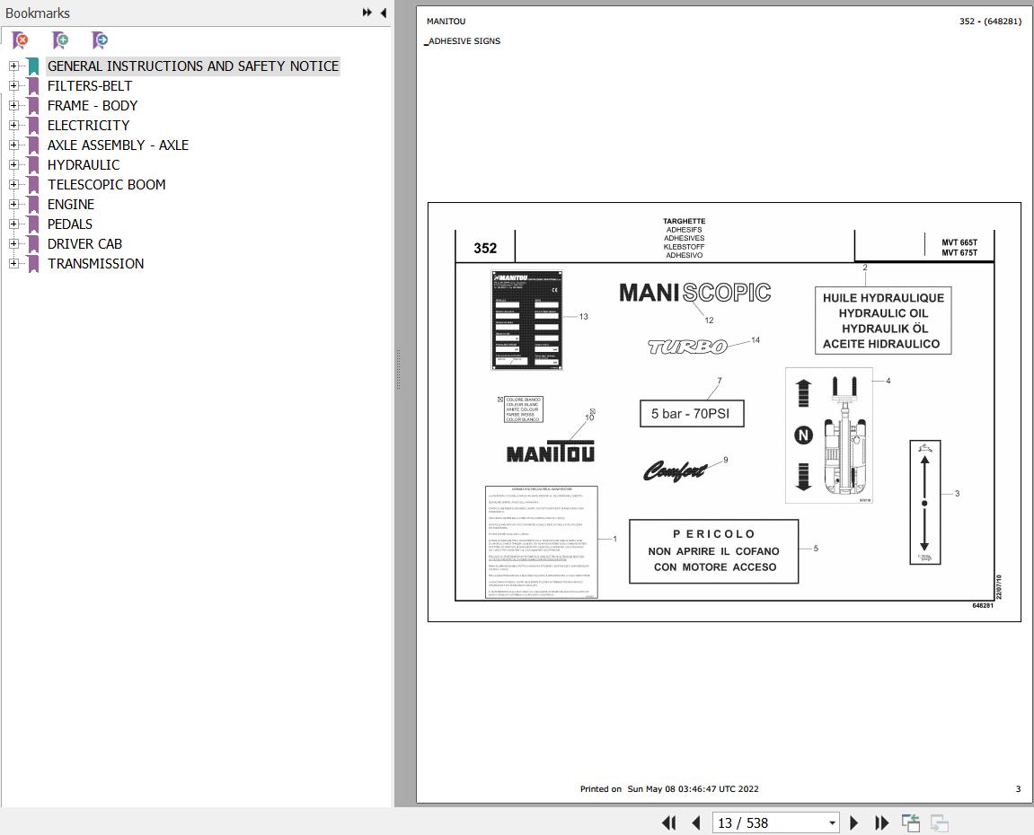 Manitou MVT 665 TURBO COMFORT LINE MOT 1104C 44TA E2 SITE LIFT Parts Catalog 648281
