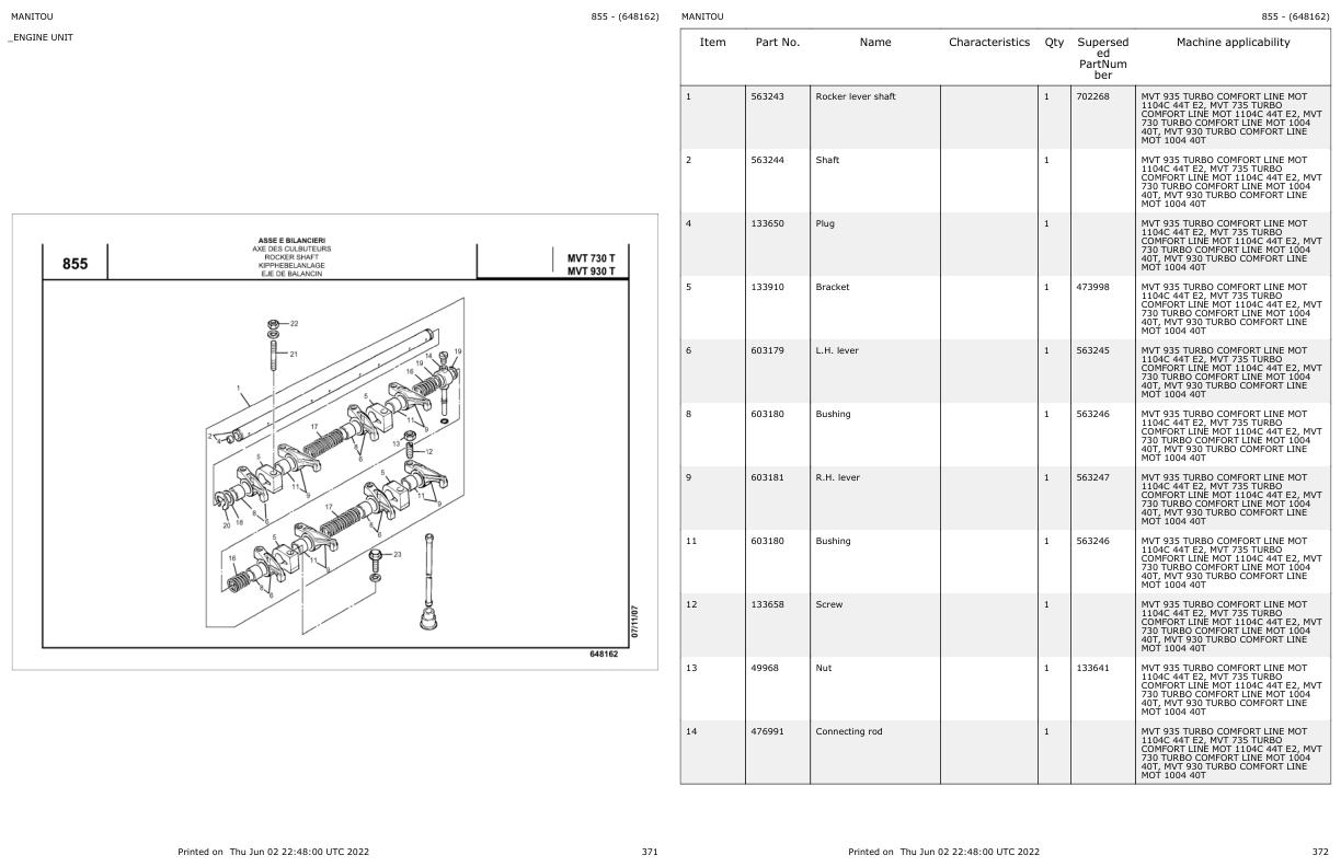 Manitou MVT 935 TURBO COMFORT LINE MOT 1104C 44T E2 Parts Catalog 648162 1