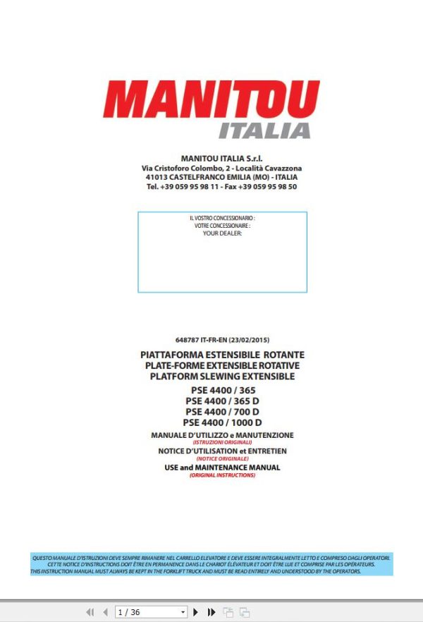 Manitou PSE4400 365 To PSE4400 1000D Operators Manual 648787 IT FR EN