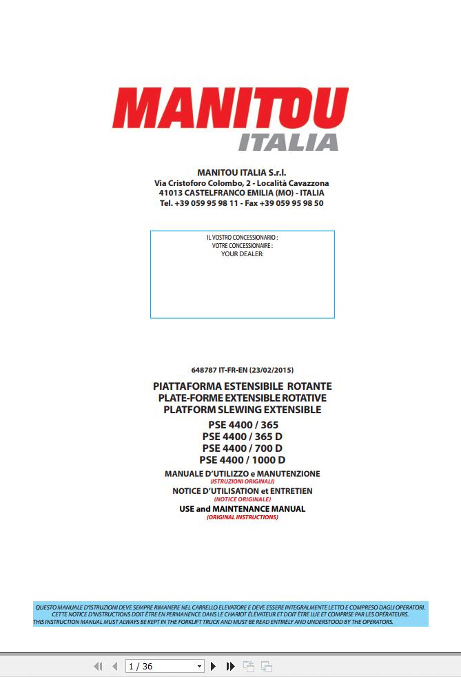 Manitou PSE4400 365 To PSE4400 1000D Operators Manual 648787 IT FR EN