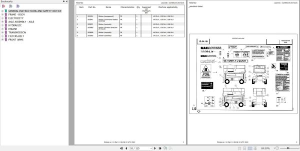Manitou Platform 100 DLX Parts Catalog 547327