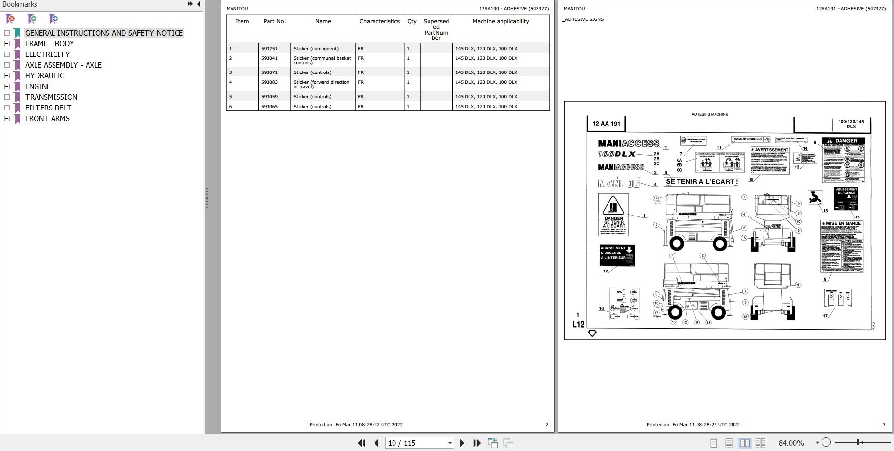 Manitou Platform 100 DLX Parts Catalog 547327