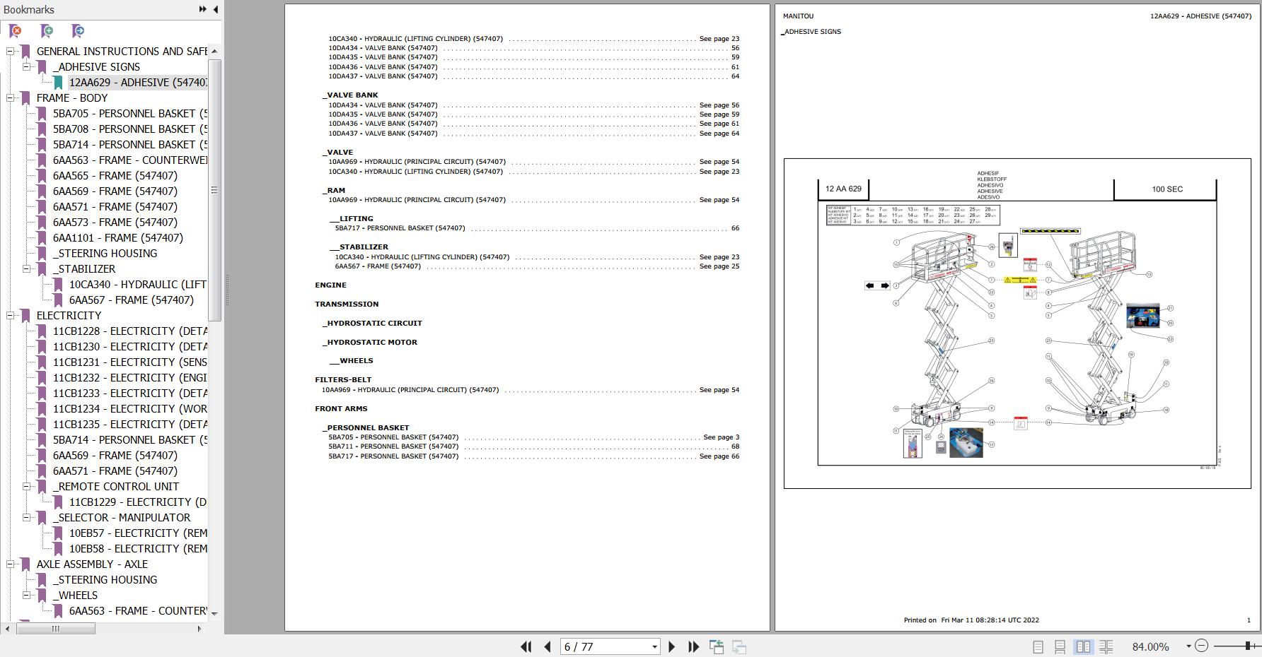 Manitou Platform 100 SEC Parts Catalog 547407