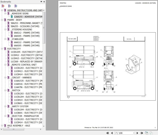 Manitou Platform 100 XEL Parts Catalog 547349
