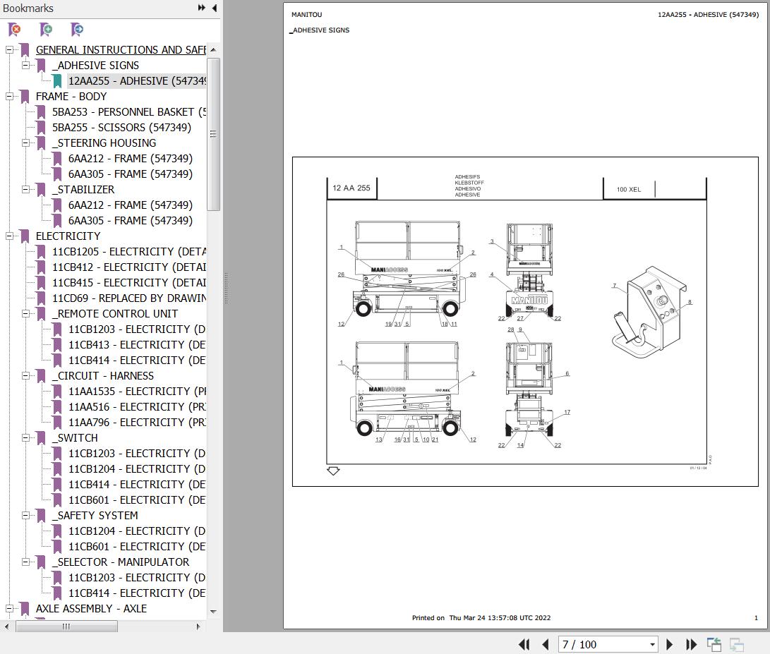 Manitou Platform 100 XEL Parts Catalog 547349