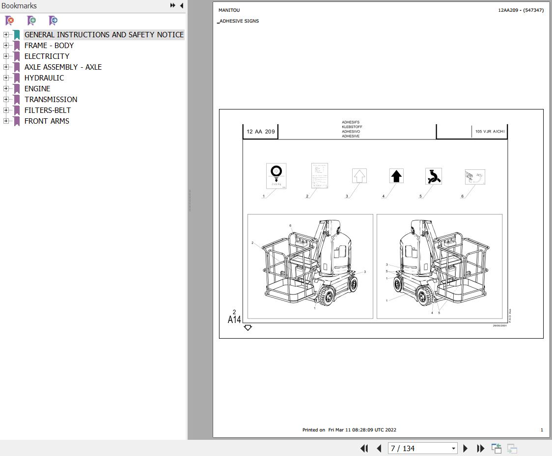 Manitou Platform 105 VJR AICHI Parts Catalog 547347