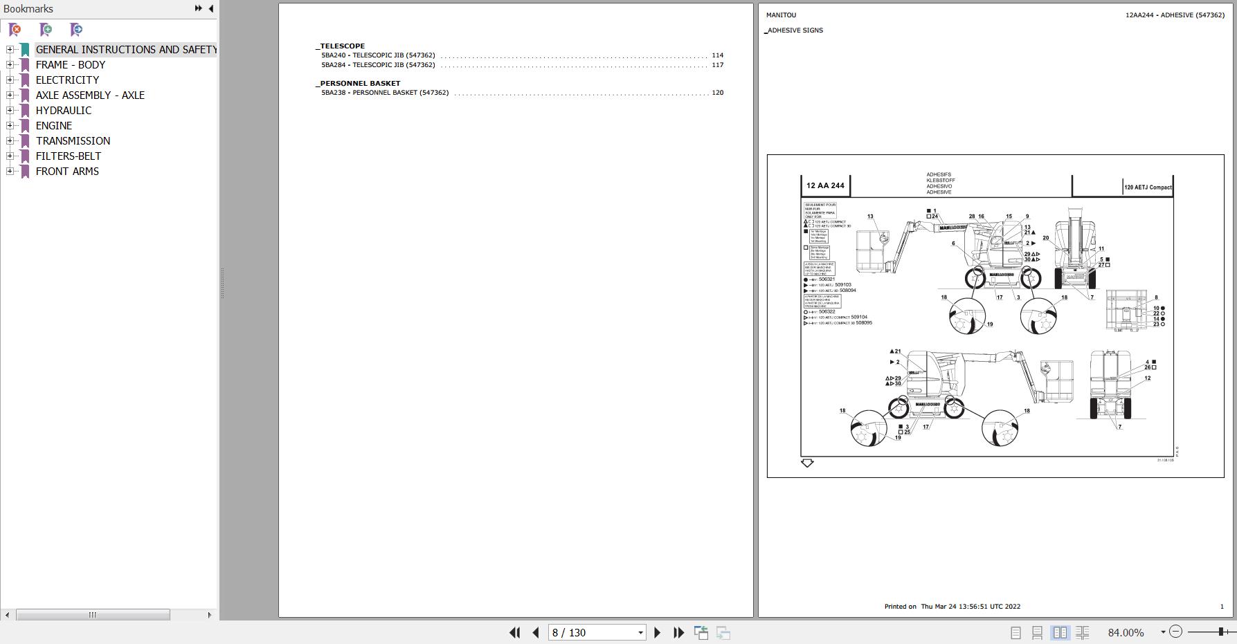 Manitou Platform 120 AETJ Parts Catalog 547362