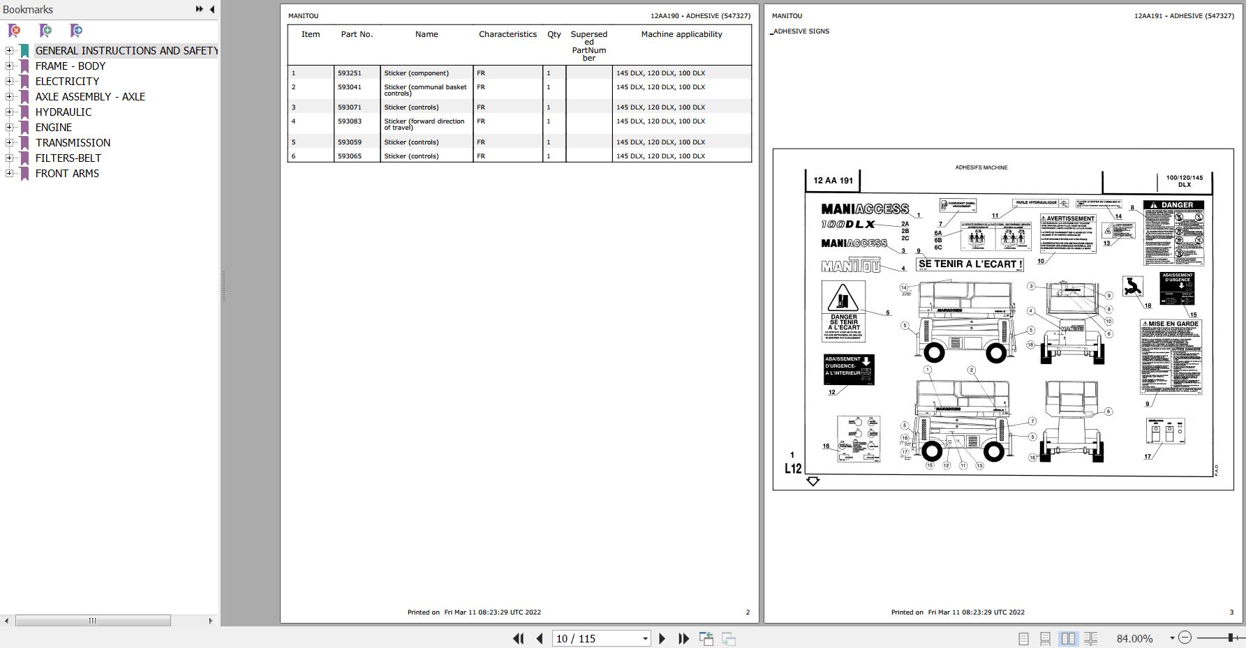 Manitou Platform 120 DLX Parts Catalog 547327