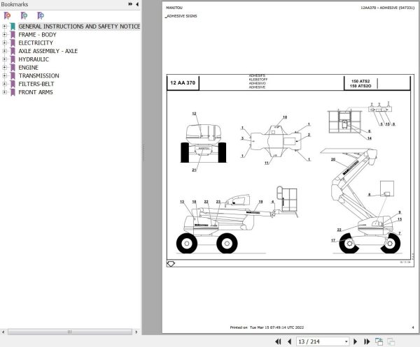 Manitou Platform 150 ATS2O Parts Catalog 547331