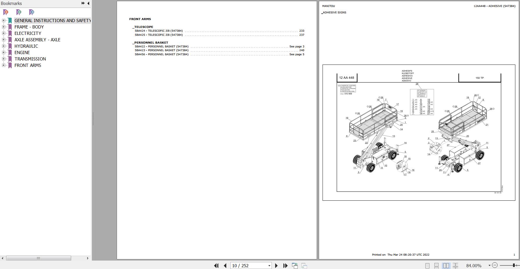 Manitou Platform 150 TP Parts Catalog 547384