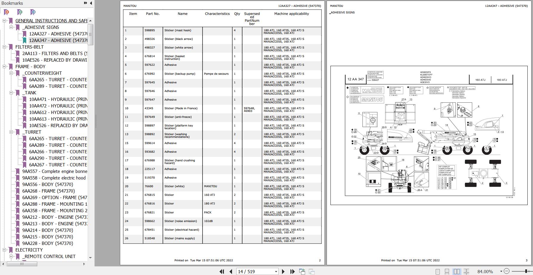 Manitou Platform 160 ATJ S MANIACCESS Parts Catalog 547370