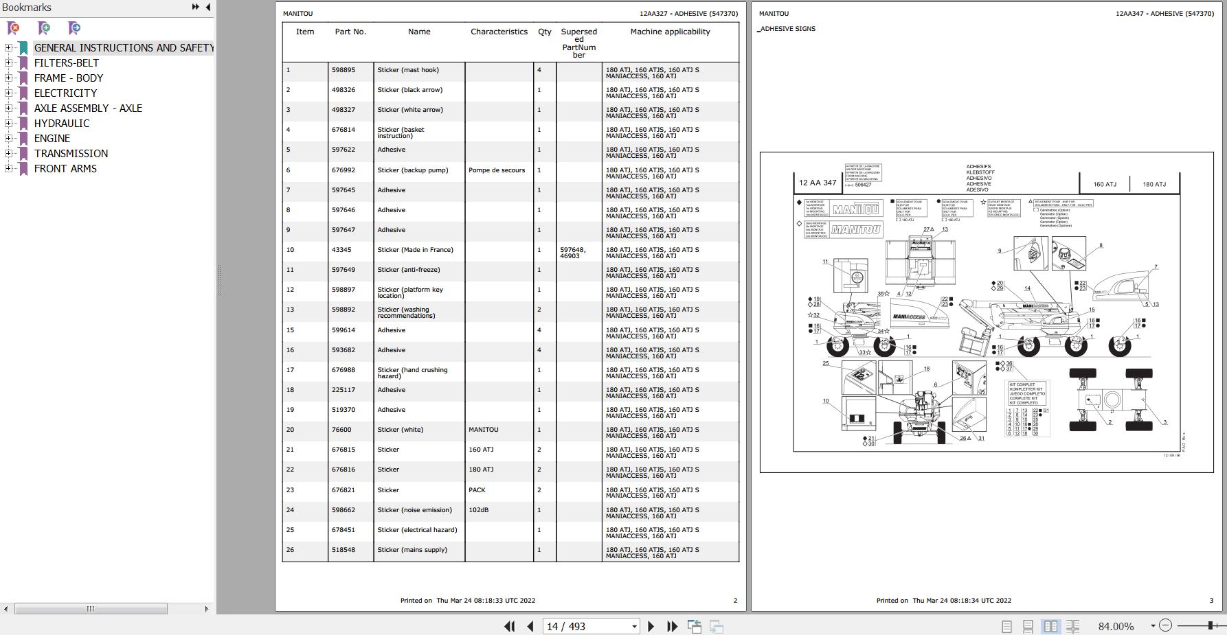 Manitou Platform 180 ATJ Parts Catalog 547370