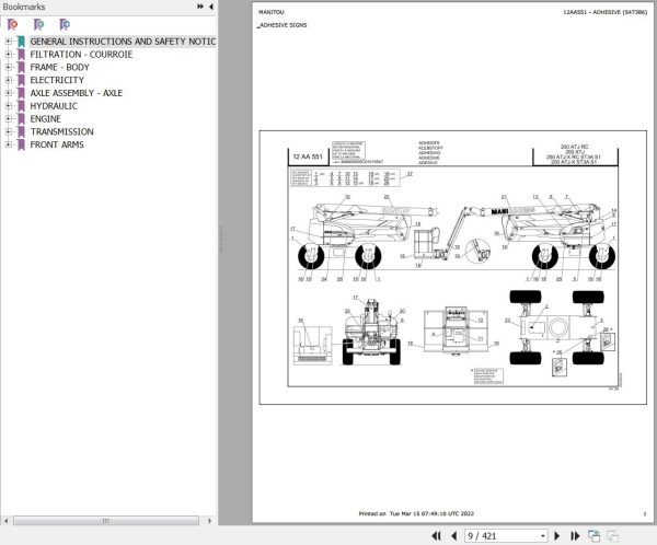 Manitou Platform 200 ATJ RC Parts Catalog 547386