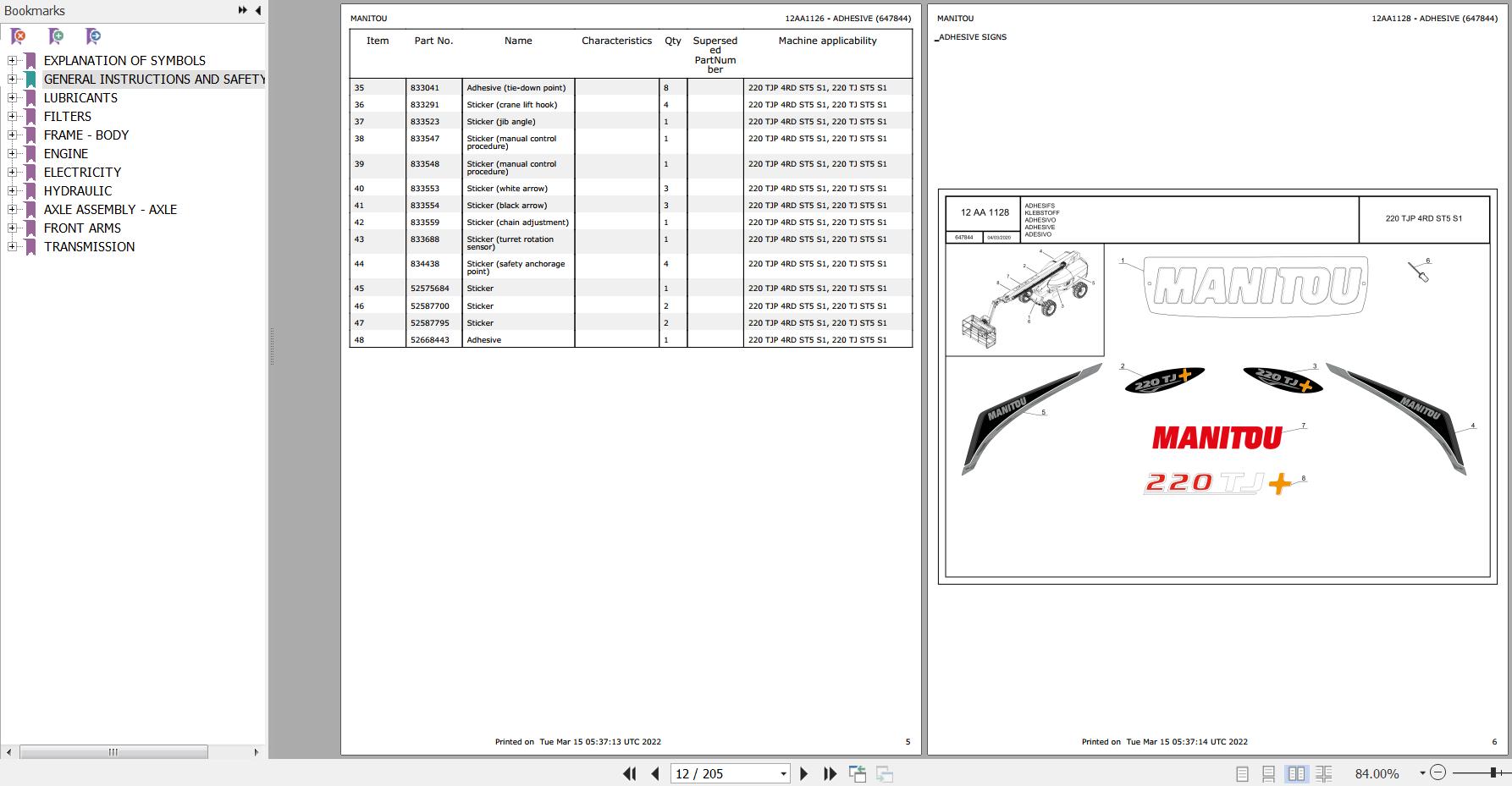Manitou Platform 220 TJP 4RD ST5 S1 Parts Catalog 647844