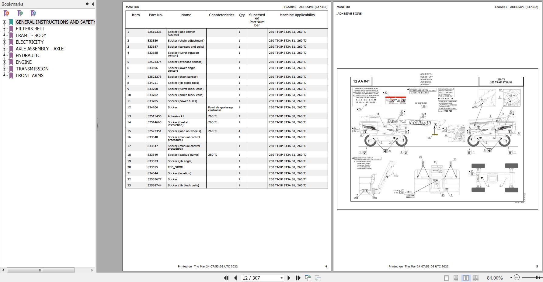 Manitou Platform 260 TJ XP ST3A S1 Parts Catalog 647382