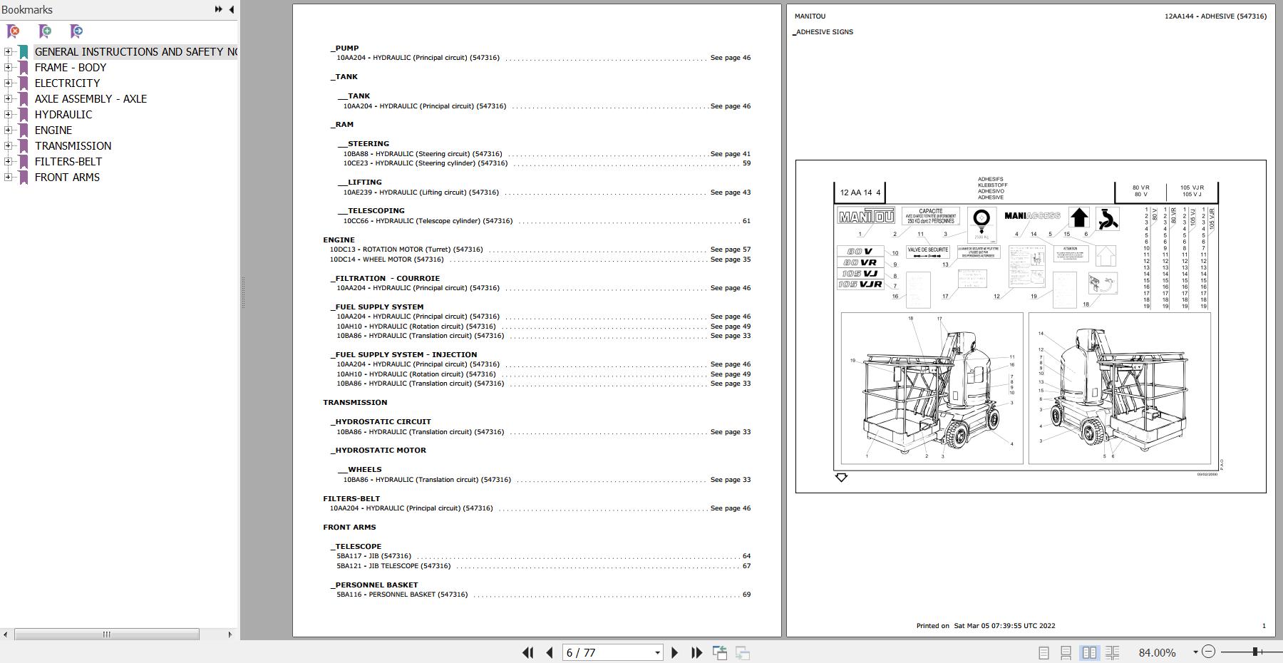 Manitou Platform 80 VR Parts Catalog 547316