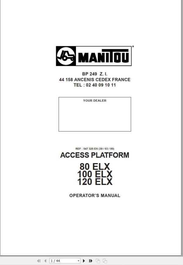 Manitou Platform 80ELX 100ELX 120ELX Operators Manual 547325