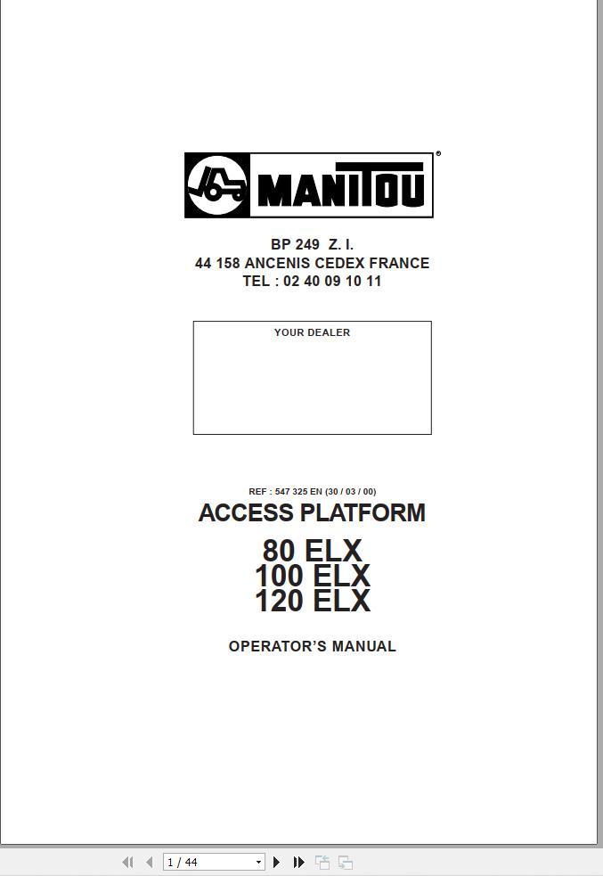 Manitou Platform 80ELX 100ELX 120ELX Operators Manual 547325