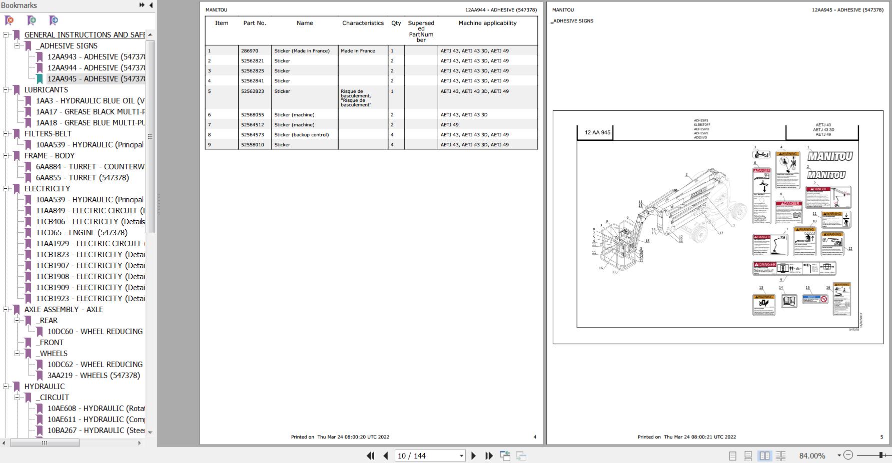 Manitou Platform AETJ 43 Parts Catalog 547378