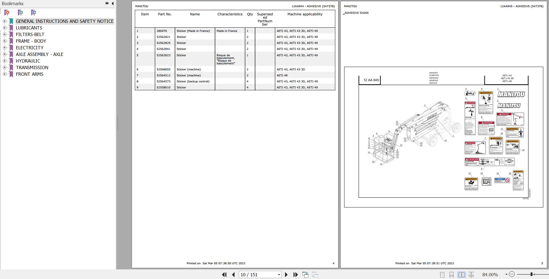 Manitou Platform AETJ 49 Parts Catalog 547378