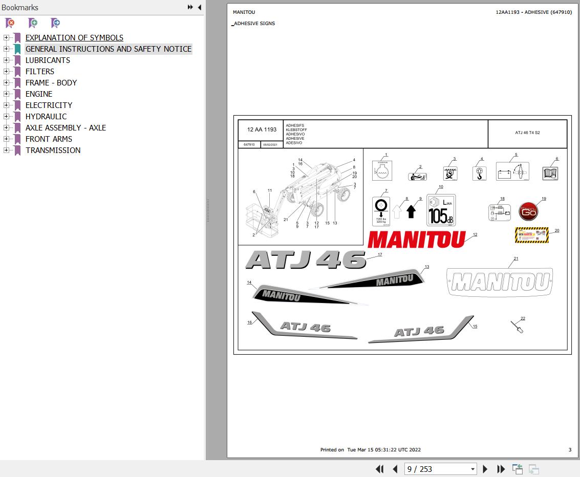 Manitou Platform ATJ 46 T4 S2 Parts Catalog 647910