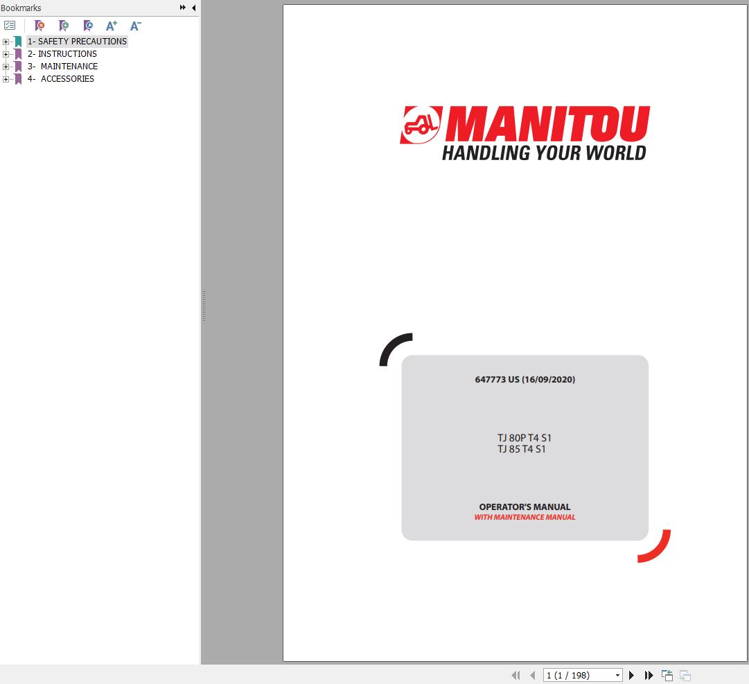 Manitou Platform TJ80PT4S1 TJ85T4S1 Operators Manual 647773 US