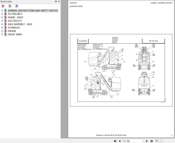 Manitou Platform VJR 26 Parts Catalog 547397