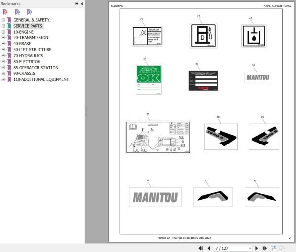 Manitou Skid Steer Loader 1340R INDIA Parts Manual 50112799A