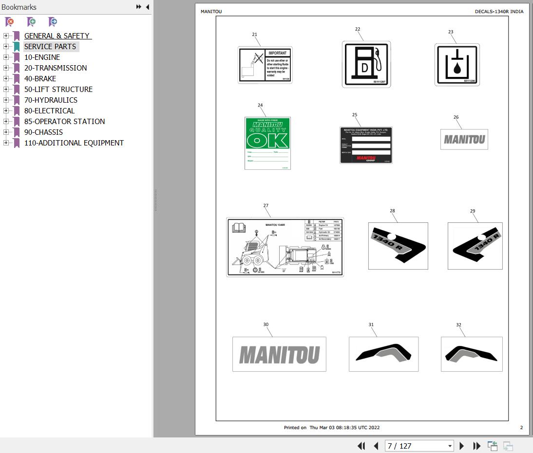 Manitou Skid Steer Loader 1340R INDIA Parts Manual 50112799A