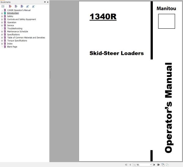 Manitou Skid Steer Loader 1340R Operators Manual 50111949B