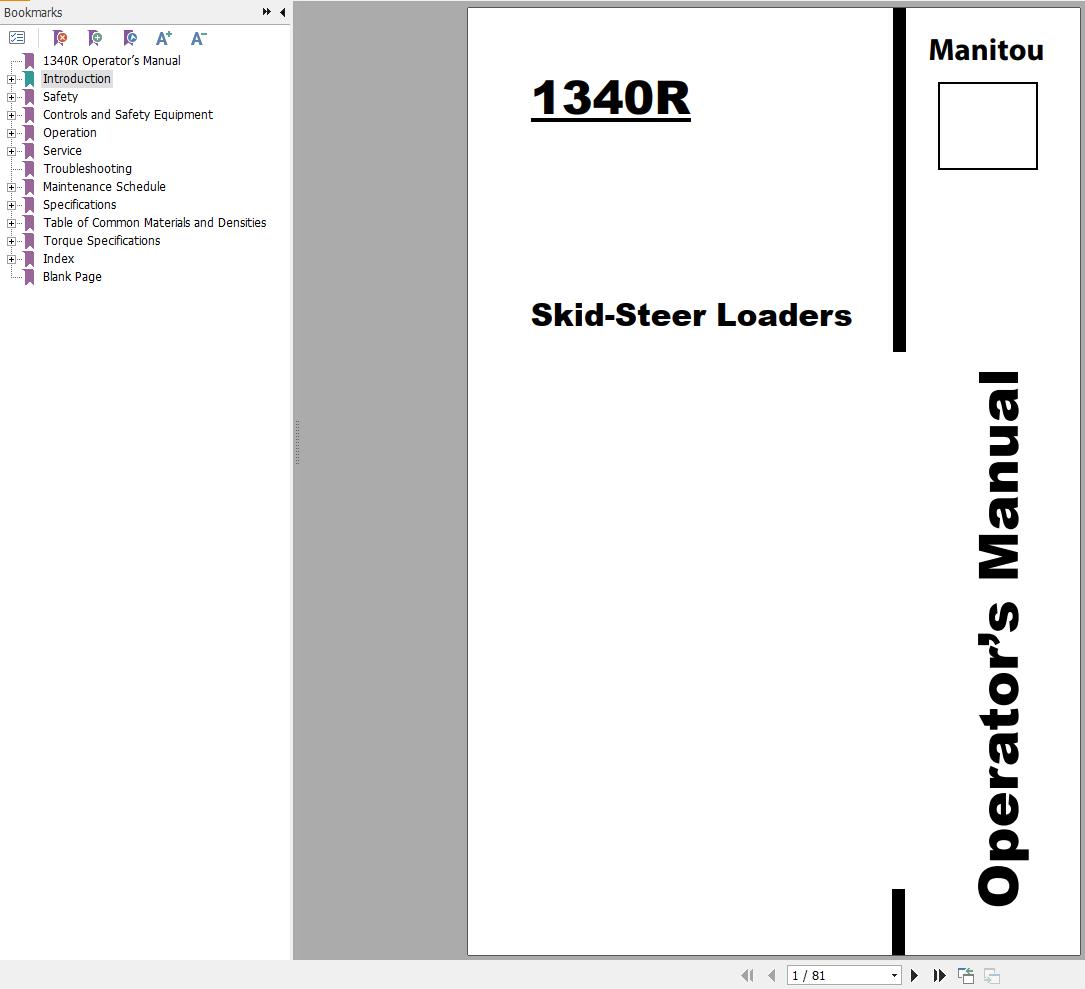 Manitou Skid Steer Loader 1340R Operators Manual 50111949B