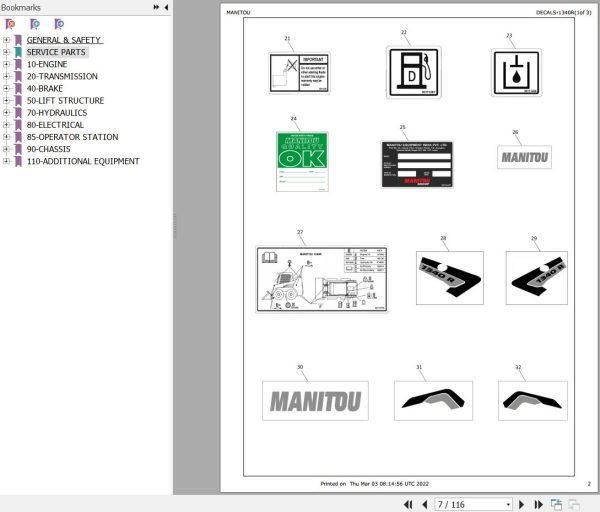 Manitou Skid Steer Loader 1340R Parts Manual 50111948A
