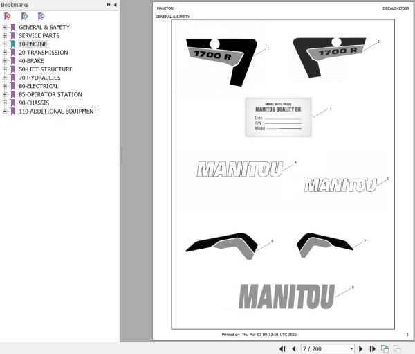 Manitou Skid Steer Loader 1700R Parts Manual