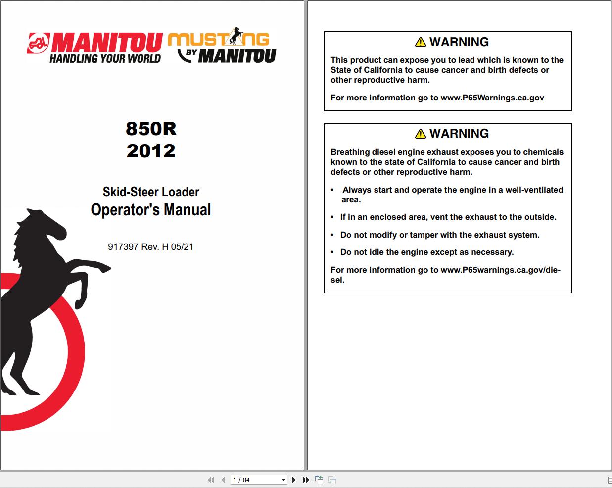 Manitou Skid Steer Loader 850R 2012 Operators Manual 917397H