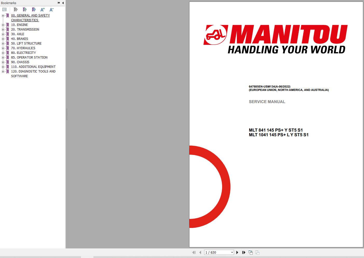 Manitou Telehander MLT 841 145 MLT 1041 145 Service Manual 647885EN USM134