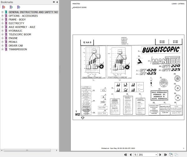 Manitou Telehandler BT420 BT425 Parts Catalog 647954