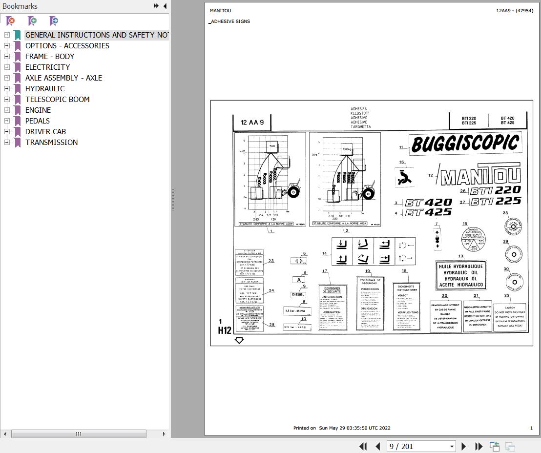 Manitou Telehandler BT420 BT425 Parts Catalog 647954