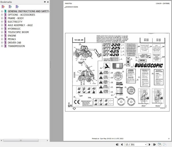 Manitou Telehandler BTI 220 to BT 425 Parts Catalog 547008