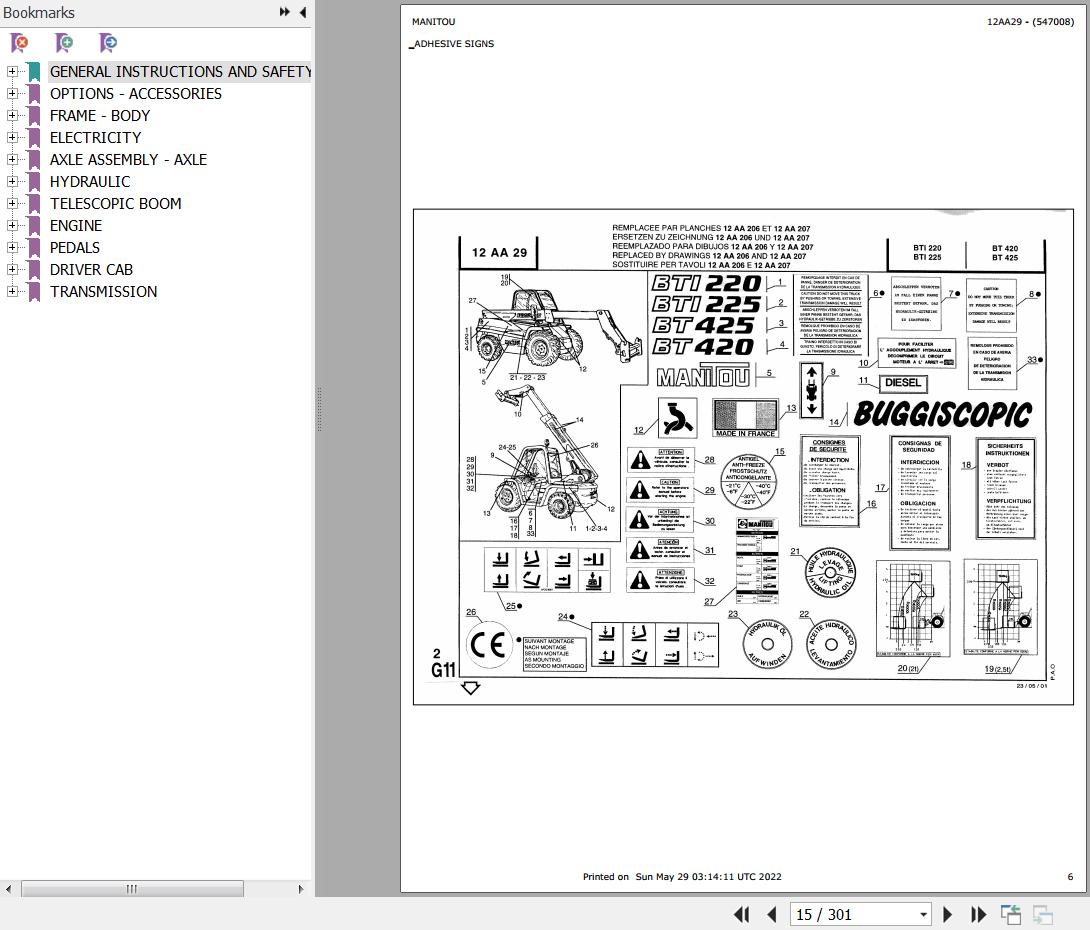 Manitou Telehandler BTI 220 to BT 425 Parts Catalog 547008