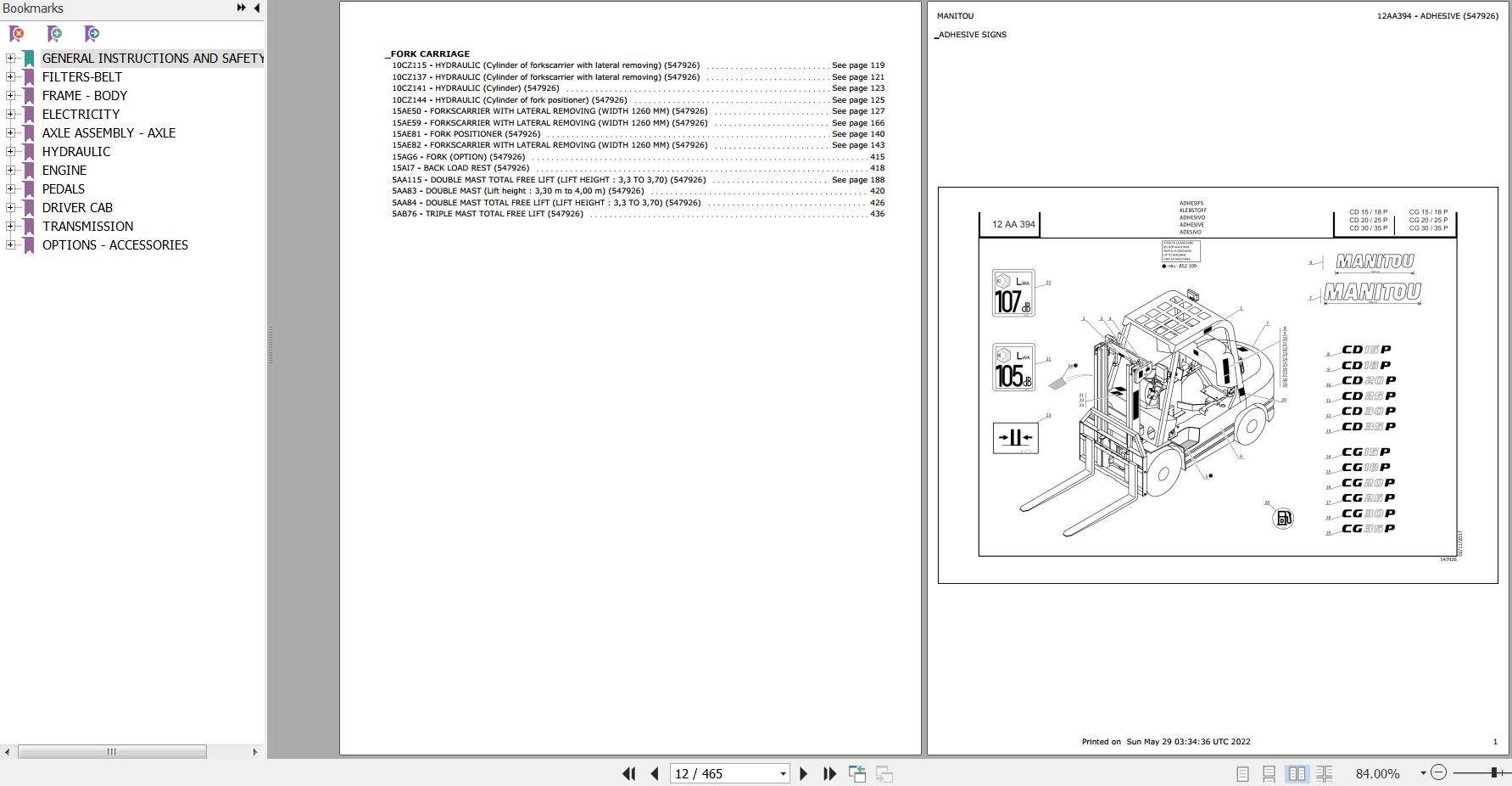 Manitou Telehandler CD15P to CG35P Parts Catalog 547926
