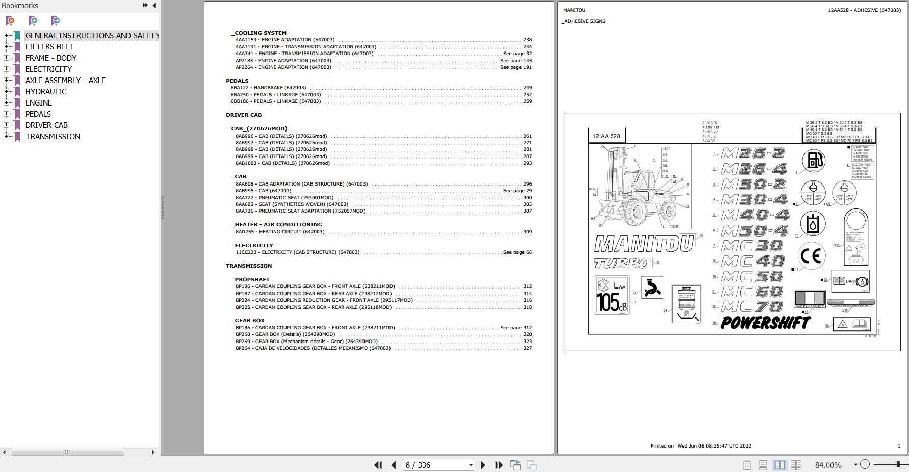 Manitou Telehandler M 26 4 TURBO S3 E3 Parts Catalog 647003