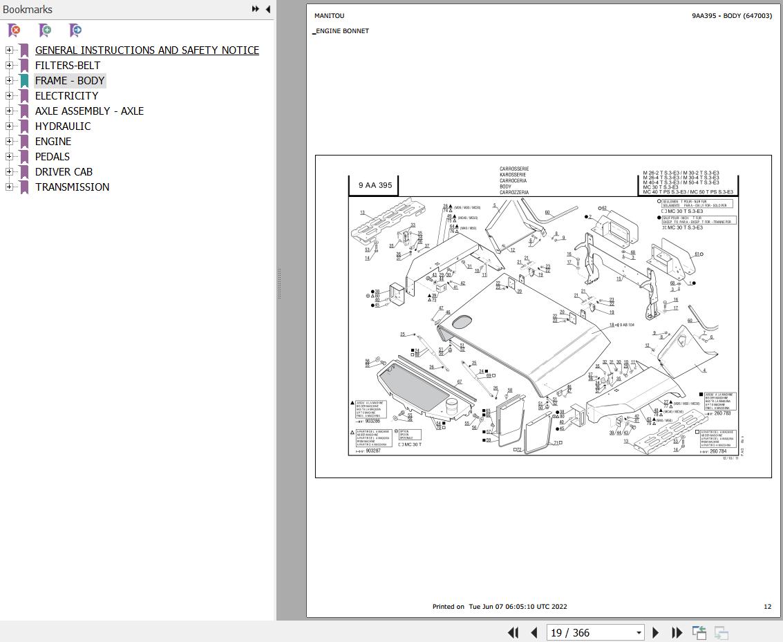 Manitou Telehandler M 40 4 TURBO S3 E3 Parts Catalog 647003