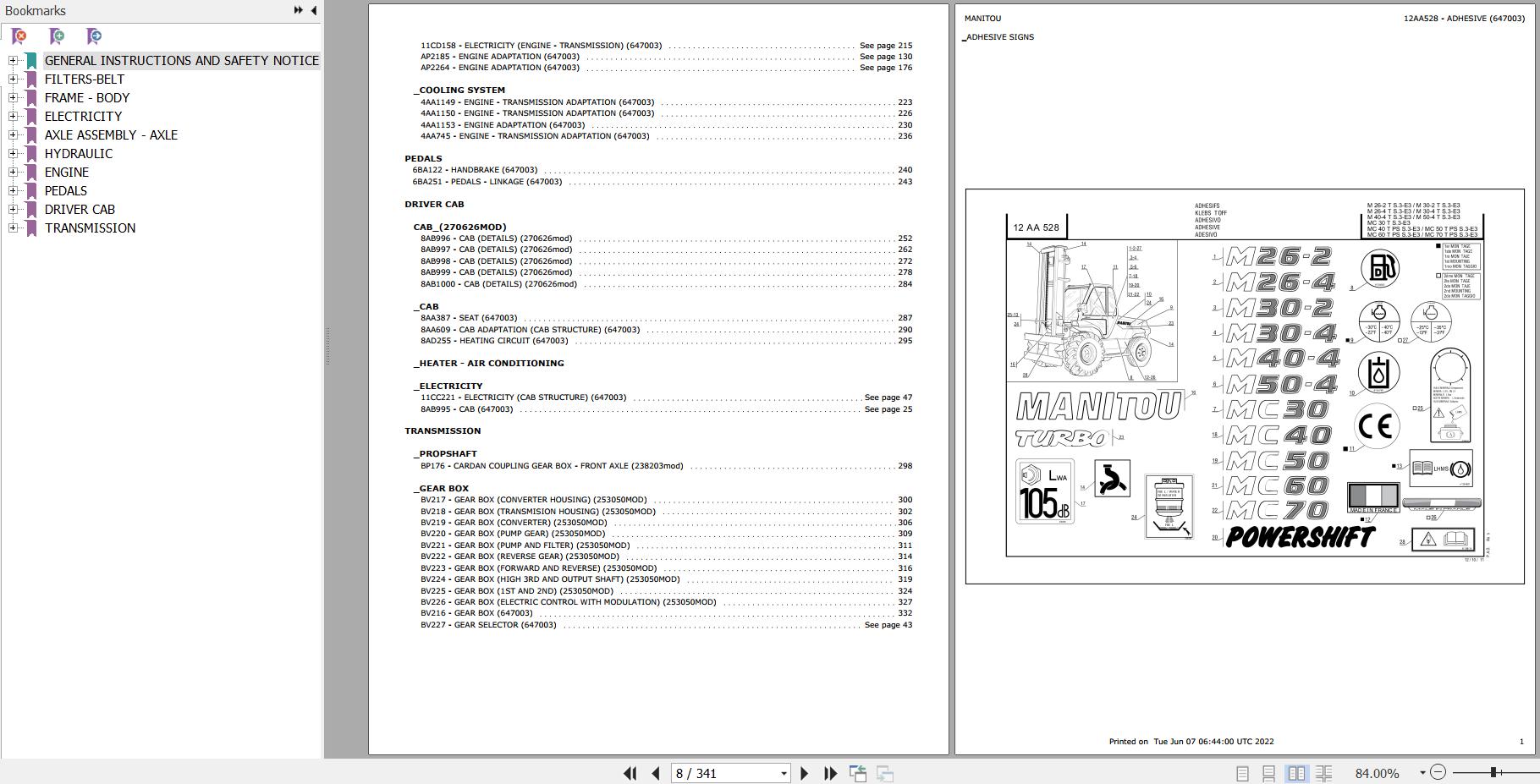 Manitou Telehandler MC 60 TURBO POWERSHIFT S3 E3 Parts Catalog 647003