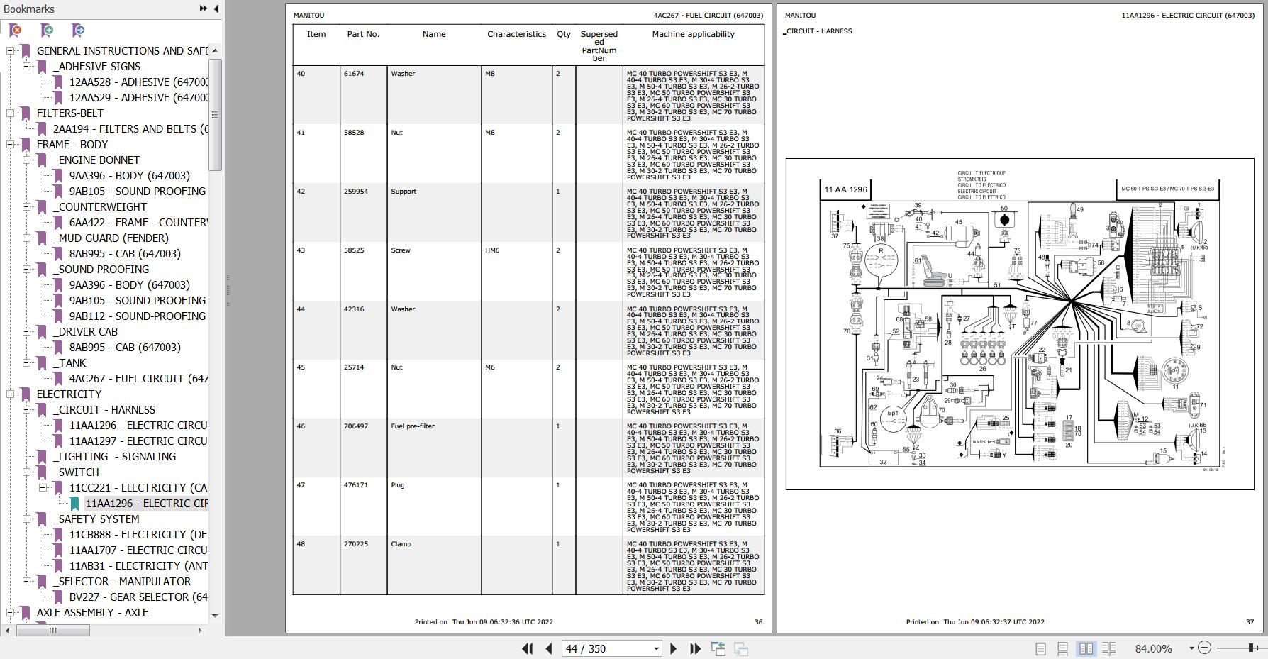 Manitou Telehandler MC 70 TURBO POWERSHIFT S3 E3 Parts Catalog 647003